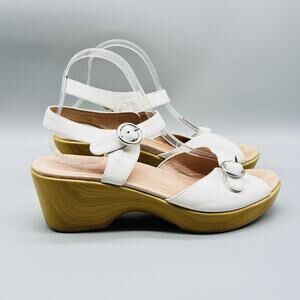 Dansko Sandals Womens 9.5 White Leather Wedge Platform Slingback Buckle Strap